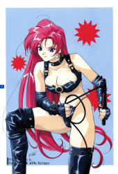 Rule 34 | 1990s (style), 1994, absurdres, areola slip, bdsm, black gloves, black thighhighs, blue eyes, bondage outfit, breasts, cleavage, dated, earrings, elbow gloves, eyeshadow, fingerless gloves, gloves, highres, holding, holding whip, jewelry, leash, long hair, makeup, medium breasts, original, page number, pink hair, retro artstyle, smile, suzuki gamma, thighhighs, whip