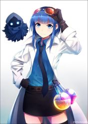 Rule 34 | 1girl, :3, air bubble, arm up, belt, belt pouch, black gloves, black skirt, black thighhighs, blue eyes, blue hair, blue shirt, blunt bangs, brown gloves, bubble, buttons, clenched hand, cloak, closed mouth, coat, collared shirt, colored eyelashes, contrapposto, creature, dress shirt, eyebrows, flask, floating, frankenstein&#039;s castle, ghost, glass, gloves, goggles, goggles on head, hand on own hip, hood, hooded cloak, k-suwabe, lab coat, legs apart, liquid, long sleeves, looking at viewer, matching hair/eyes, open clothes, open coat, oshiro project:re, oshiro project:re, pencil skirt, pouch, removing eyewear, shirt, short hair with long locks, sidelocks, simple background, skirt, smile, solo, standing, thighhighs, white background, zettai ryouiki
