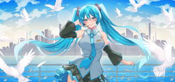 Rule 34 | 1girl, aqua eyes, aqua hair, aqua necktie, arm up, breasts, hatsune miku, highres, inue ao, large breasts, lips, long hair, looking at viewer, necktie, skirt, sleeveless, smile, solo, twintails, upper body, very long hair, vocaloid