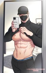 Rule 34 | 1boy, abs, bandaid, bandaids on nipples, bara, baseball cap, black hair, black pants, black shirt, clothes lift, covered erect nipples, covered mouth, didrkrk, full volume, hat, highres, holding, holding phone, large pectorals, lifting own clothes, looking at viewer, male focus, male underwear, male underwear peek, mask, mouth mask, muscular, muscular male, navel, pants, pasties, pectorals, phone, seol beom, shirt, shirt lift, short hair, solo, twitter username, underwear