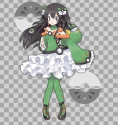 Rule 34 | 1girl, alternate color, alternate costume, bare shoulders, black footwear, black hair, bow, braid, breasts, checkered background, clenched hand, creatures (company), detached collar, female focus, friend ball, frilled skirt, frills, full body, game freak, gen 7 pokemon, green bow, green pantyhose, green shirt, grey background, grey eyes, hair between eyes, hair bow, hair ornament, hand up, jpeg artifacts, knees together feet apart, long hair, long sleeves, looking to the side, miniskirt, namako plum, nintendo, off shoulder, official style, open mouth, pantyhose, pigeon-toed, plum (vtuber), plum no bouken note, poke ball, poke ball symbol, pokemon, pokemon (creature), pyukumuku, shiny pokemon, shirt, shoes, simple background, skirt, sleeves past fingers, sleeves past wrists, small breasts, solo focus, standing, twin braids, two-tone background, virtual youtuber, white skirt, yellow eyes