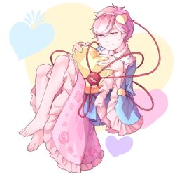 Rule 34 | 1girl, barefoot, commentary, fetal position, floral print, frills, full body, hairband, heart, heart background, heart-shaped pillow, highres, holding, holding pillow, jitome, komeiji satori, long sleeves, looking at viewer, mefomefo, pillow, pink eyes, pink hair, short hair, skirt, solo, string, third eye, touhou, wide sleeves