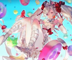 Rule 34 | 1girl, absurdres, animal ears, bell, bow, breasts, candy, cat ears, cat tail, destiny child, food, hair bow, highres, kneehighs, mono (monoia14), small breasts, socks, sytry (destiny child), tagme, tail, thighs, twintails, white hair