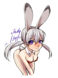 Rule 34 | 1girl, absurdres, animal ears, artist request, bare shoulders, breasts, rabbit ears, cleavage, disney, fake animal ears, grey hair, highres, humanization, judy hopps, personification, purple eyes, simple background, solo, twintails, upper body, white background, zootopia