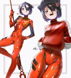 Rule 34 | 1girl, absurdres, animal hat, bident, black eyes, black hair, bleach, bodysuit, bodysuit under clothes, breasts, cat hat, commentary, cosplay, english commentary, evangelion: 3.0 you can (not) redo, eyepatch, gluteal fold, hairpods, hat, highres, holding, holding polearm, holding weapon, interface headset, jacket, kuchiki rukia, lance of longinus (evangelion), looking at viewer, multicolored bodysuit, multicolored clothes, neon genesis evangelion, orange bodysuit, pilot suit, plugsuit, polearm, rebuild of evangelion, red bodysuit, red jacket, short hair, skin tight, small breasts, solo, souryuu asuka langley, souryuu asuka langley (cosplay), spear, thigh gap, track jacket, waligner, weapon
