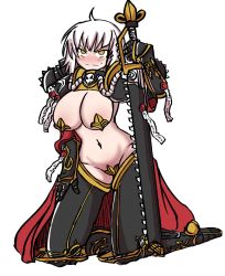 Rule 34 | 1girl, :/, adepta sororitas, armor, blush, boots, breasts, cape, chainsword, cloak, deculture, embarrassed, gloves, hand on thigh, highres, kneeling, large breasts, looking at viewer, navel, orange eyes, pasties, power armor, purity seal, revealing clothes, short hair, shoulder armor, simple background, sisters of battle, sword, thighhighs, thighs, underwear, warhammer 40k, weapon, white background, white hair