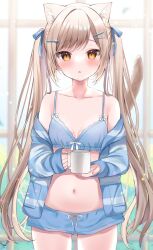 Rule 34 | 1girl, animal ear fluff, animal ears, blue bra, blue cardigan, blue shorts, blush, bra, breasts, brown eyes, brown hair, cardigan, cat ears, cat girl, cat tail, cup, hair ornament, hairclip, hamico, highres, long hair, looking at viewer, mug, navel, off shoulder, open cardigan, open clothes, original, ribbon, short shorts, shorts, sleepwear, solo, striped cardigan, tail, thighs, twintails, underwear, very long hair