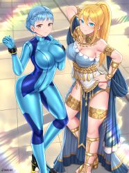 Rule 34 | 2girls, absurdres, alternate costume, ass, blonde hair, blue bodysuit, blue eyes, blue hair, blush, bodysuit, braid, breasts, cleavage, cosplay, costume switch, crossover, crown braid, dancer, dancer (fire emblem: three houses), feet out of frame, female focus, fire emblem, fire emblem: three houses, fire emblem heroes, high heels, high ponytail, highres, kaos art, large breasts, long hair, looking at viewer, marianne von edmund, marianne von edmund (cosplay), metroid, mole, mole under mouth, multiple girls, navel, nintendo, ponytail, samus aran, samus aran (cosplay), short hair, simple background, skin tight, toenails, toes, zero suit