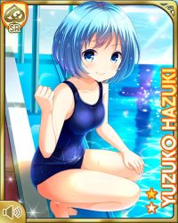 Rule 34 | 1girl, bare arms, bare legs, barefoot, black one-piece swimsuit, blue eyes, blue hair, card, character name, closed mouth, competition swimsuit, day, girlfriend (kari), hazuki yuzuko, official art, one-piece swimsuit, outdoors, pool, poolside, qp:flapper, short hair, sitting, smile, solo, swimsuit, tagme, water