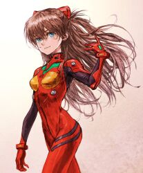 Rule 34 | 1girl, blue eyes, bodysuit, breasts, brown hair, commentary request, cowboy shot, curvy, floating hair, hair between eyes, hand in own hair, headgear, highres, interface headset, iwamoto tatsurou, long hair, looking at viewer, neon genesis evangelion, pilot suit, plugsuit, rebuild of evangelion, red bodysuit, shiny clothes, simple background, small breasts, smile, solo, souryuu asuka langley, turtleneck, two side up, very long hair, wide hips