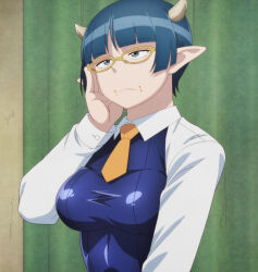 Rule 34 | 1girl, absurdres, anime screenshot, blue eyes, blue hair, blue one-piece swimsuit, blunt bangs, breasts, demon girl, demon horns, glasses, highres, horns, large breasts, long sleeves, lv1 maou to one room yuusha, necktie, one-piece swimsuit, pointy ears, screencap, shirt, shirt under swimsuit, short hair, stitched, swimsuit, third-party edit, white shirt, yellow necktie, zenia (lv1 maou to one room yuusha)