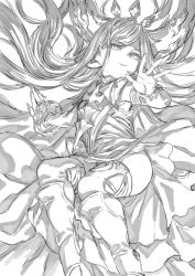 Rule 34 | 1girl, arulumaya, bad id, bad twitter id, boots, bracelet, crescent, crescent hair ornament, dress, granblue fantasy, greyscale, hair ornament, harvin, harvin, highres, jewelry, long hair, looking at viewer, monochrome, no nose, open palms, pointy ears, solo, thigh boots, thighhighs, tori udon, zettai ryouiki