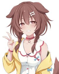 Rule 34 | 1girl, animal ears, bone hair ornament, braid, breasts, brown eyes, brown hair, cleavage, collar, collarbone, dog ears, dog girl, dog tail, hair ornament, hazuki haru, highres, hololive, inugami korone, long sleeves, low twin braids, medium breasts, parted lips, simple background, solo, tail, teeth, twin braids, upper body, v, virtual youtuber, white background, yellow nails