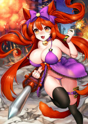 Rule 34 | 1girl, animal ears, babydoll, bare shoulders, bell, blush, bouncing breasts, bow, breasts, brown eyes, cat ears, cat tail, cleavage, collar, covered erect nipples, doll joints, drooling, dynamite, explosion, explosive, fang, hair bow, hair ribbon, heart, heart-shaped pupils, highres, huge breasts, jingle bell, joints, lit fuse, long hair, open mouth, original, panties, red hair, rewolf, ribbon, running, side-tie panties, smile, solo, symbol-shaped pupils, tail, thigh strap, thighhighs, two side up, underwear, untied panties, very long hair, weapon