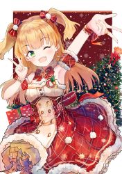 Rule 34 | 1girl, ;d, absurdres, arm up, armpits, axleaki, bad id, bad pixiv id, bare shoulders, blonde hair, blush, bow, bowtie, bracelet, breasts, buttons, character name, christmas, christmas tree, cleavage, commentary request, cowboy shot, detached collar, detached sleeves, earrings, fang, fur trim, gift, gingerbread man, green eyes, hair bow, hand up, heart, heart earrings, highres, idolmaster, idolmaster cinderella girls, jewelry, jougasaki rika, layered skirt, long hair, looking at viewer, one eye closed, open mouth, red bow, red bowtie, red skirt, ribbon, ring, shirt, short sleeves, skirt, small breasts, smile, solo, striped, striped bow, two side up, v, w, white shirt, wrist ribbon
