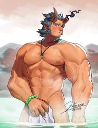 Rule 34 | 1boy, abs, bara, bead necklace, beads, beard, blue hair, blush, broken horn, covering privates, covering crotch, cowboy shot, dark blue hair, demon boy, demon horns, facial hair, fang, fiery horns, groin, highres, horns, jewelry, jin (sirius-j), large pectorals, long sideburns, male focus, mature male, muscular, muscular male, naked towel, navel, navel hair, necklace, nipples, onsen, pectorals, short hair, sideburns, solo, steam, stomach, stubble, takemaru (housamo), thick eyebrows, thighs, tokyo houkago summoners, towel, veins