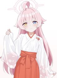 Rule 34 | 1girl, :3, alternate costume, blue archive, blue eyes, closed mouth, commentary request, hair flaps, hakama, halo, hand up, heterochromia, highres, hoshino (blue archive), japanese clothes, kimono, long hair, long sleeves, petal print, pink hair, pink halo, red hakama, sanz zzz, simple background, sleeves past wrists, smile, solo, upper body, white background, white kimono, wide sleeves, yellow eyes