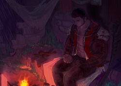 Rule 34 | 1boy, abs, absurdres, avenger (dungeon and fighter), baimeme, bara, beard, black hair, campfire, chest hair, crying, crying with eyes open, dark-skinned male, dark skin, dungeon and fighter, facial hair, feet out of frame, highres, large pectorals, male focus, male priest (dungeon and fighter), mature male, muscular, muscular male, navel hair, nipples, open clothes, open shirt, pectoral cleavage, pectorals, priest (dungeon and fighter), scar, scar on face, scar on forehead, short hair, sitting, solo, stomach, tears, thick eyebrows