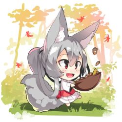 Rule 34 | 1girl, :d, acorn, animal ear fluff, animal ears, autumn leaves, barefoot, blush, bowl, chibi, commentary request, fox ears, fox girl, fox tail, full body, grey hair, hair between eyes, hair rings, holding, holding bowl, japanese clothes, kimono, long hair, long sleeves, looking away, obi, open mouth, original, patch, pink hair, red eyes, sash, sidelocks, smile, solo, standing, standing on one leg, tail, tail raised, tree, very long hair, white kimono, wide sleeves, yuuji (yukimimi)