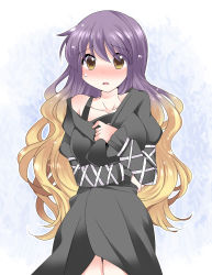 Rule 34 | 1girl, bare shoulders, black dress, blush, breast hold, brown hair, commentary request, dress, hammer (sunset beach), hijiri byakuren, long hair, looking at viewer, multicolored hair, off shoulder, open mouth, purple hair, solo, touhou, yellow eyes