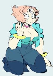 Rule 34 | animification, blue background, blue bodysuit, blue eyes, blue footwear, bodysuit, boots, bracelet, breasts, choker, cleavage, commentary, forehead jewel, highres, ink (ink01 ), jewelry, kneeling, looking up, medium breasts, open hand, parted bangs, pearl (steven universe), pink choker, sketch, steven universe, sweatdrop, symbol-only commentary, thigh boots, thighhighs