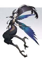 Rule 34 | 1girl, bare shoulders, bird legs, black eyes, black feathers, black hair, black nails, blue feathers, blue wings, commentary, dual wielding, feathered wings, feathers, gradient wings, grey background, grin, hairband, harpy, highres, holding, holding knife, knife, long hair, looking at viewer, mogumo, monster girl, multicolored wings, open mouth, original, pointy ears, side slit, smile, solo, talons, white hairband, winged arms, wings