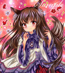 Rule 34 | 1girl, animal ear fluff, animal ears, brown hair, closed mouth, dress, embellished costume, fingernails, flower, frilled dress, frills, hands up, imaizumi kagerou, lace, lace-trimmed dress, lace trim, long hair, long sleeves, looking at viewer, marker (medium), neck ribbon, petals, purple ribbon, purple trim, red eyes, ribbon, rui (sugar3), sample watermark, smile, solo, tail, tail raised, touhou, traditional media, upper body, very long hair, watermark, white dress, white flower, wide sleeves, wolf ears, wolf girl, wolf tail