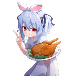 Rule 34 | 1girl, :q, absurdres, ame., animal ears, blue hair, blue ribbon, blush, carrot hair ornament, choker, closed mouth, commentary request, dress, food, food-themed hair ornament, hair between eyes, hair ornament, hair ribbon, hands up, highres, holding, holding plate, hololive, looking at viewer, multicolored hair, plate, puffy short sleeves, puffy sleeves, rabbit-shaped pupils, rabbit ears, red eyes, ribbon, sailor collar, sailor dress, short eyebrows, short sleeves, simple background, smile, solo, streaked hair, symbol-shaped pupils, thick eyebrows, tongue, tongue out, turkey (food), two-tone hair, usada pekora, usada pekora (casual), virtual youtuber, white background, white choker, white dress, white hair, white sailor collar