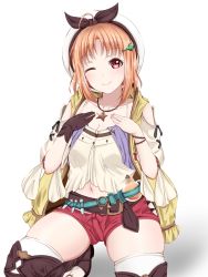 Rule 34 | 1girl, alternate costume, asymmetrical gloves, atelier (series), atelier ryza, atelier ryza 1, breasts, cleavage, cosplay, gloves, hair ornament, hairclip, hat, highres, jewelry, kamesys, love live!, love live! sunshine!!, necklace, one eye closed, orange hair, red eyes, shorts, simple background, solo, star (symbol), star necklace, takami chika, thick thighs, thighhighs, thighs, uneven gloves, white background, zettai ryouiki
