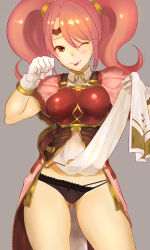 Rule 34 | 1girl, ;p, armor, bare legs, blush, breastplate, cape, circlet, commentary request, cowboy shot, dress, eyebrows, fire emblem, fire emblem echoes: shadows of valentia, fire emblem heroes, gluteal fold, hair between eyes, highres, kh (tanakananataka), mae (fire emblem), nintendo, one eye closed, panties, pink hair, red eyes, simple background, sleeveless, sleeveless dress, solo, tabard, tabard lift, tongue, tongue out, twintails, underwear, upper body, wardrobe malfunction