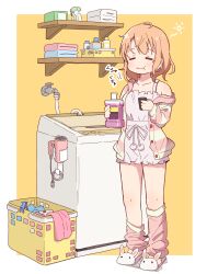 Rule 34 | 1girl, animal slippers, basket, blue towel, border, bottle, breasts, bunny slippers, buttons, closed mouth, clothes pin, collarbone, commentary request, facing viewer, faucet, full body, gochuumon wa usagi desu ka?, hair dryer, highres, holding, holding bottle, hoto cocoa, jacket, laundry basket, leg warmers, loungewear, messy hair, mohei, motion lines, mouthwash, multicolored clothes, multicolored jacket, open clothes, open jacket, orange hair, pink jacket, pink leg warmers, pink shirt, pink shorts, pink towel, pom pom (clothes), shelf, shirt, short hair, shorts, simple background, single bare shoulder, slippers, small breasts, solo, spray bottle, standing, striped clothes, striped jacket, sun symbol, top-load washing machine, towel, two-tone jacket, washing machine, wavy mouth, white border, white footwear, white towel, yellow background, yellow jacket