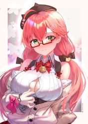 1girl, absurdres, ahoge, alternate costume, alternate hairstyle, animal hat, animal print, bare shoulders, breasts, button gap, cat print, cleavage, glasses, green eyes, hat, highres, hololive, lims (neko2lims), looking at viewer, official alternate costume, pink hair, sakura miko, solo, virtual youtuber