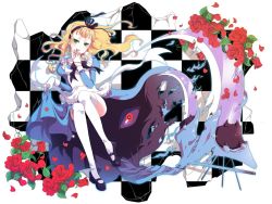 Rule 34 | 1girl, alice (alice in wonderland), alice in wonderland, blonde hair, bow, clock, dissolving, dress, floating, flower, green eyes, hair bow, hair ribbon, hand to own mouth, hiiro (kikokico), holding, holding clothes, holding skirt, kiko, long hair, original, red flower, red rose, ribbon, rose, sitting, skirt, skirt hold, solo, thighhighs