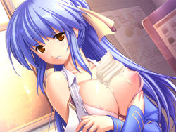 Rule 34 | 1girl, areola slip, blue hair, blush, bra, breast hold, breast slip, breasts squeezed together, breasts, brown eyes, cleavage, clenched teeth, crossed arms, detached sleeves, dutch angle, food, game cg, gunner-l, hair ribbon, huge breasts, ice cream, kinomoto asuka, large breasts, lingerie, long hair, messy, nipples, non-web source, one breast out, oppai baka, orange eyes, ponytail, ribbon, school uniform, solo, sunset, sweat, teeth, underwear, very long hair, window