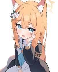 Rule 34 | 1girl, animal ear fluff, animal ears, blue archive, blue eyes, blush, flower, hair between eyes, hair flower, hair ornament, halo, hand on own face, highres, long hair, long sleeves, looking at viewer, mari (blue archive), nonddu, open mouth, orange hair, solo, yellow halo