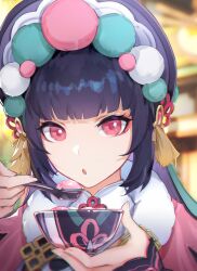 Rule 34 | 1girl, :o, absurdres, black hair, blunt bangs, blurry, blurry background, bowl, food, genshin impact, hat, highres, holding, holding bowl, holding spoon, long hair, looking at viewer, portrait, red eyes, shimo sankyo, solo, spoon, yun jin (genshin impact)
