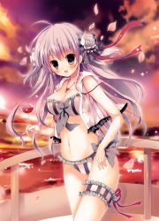 Rule 34 | 1girl, absurdres, ahoge, bikini, black eyes, breasts, cleavage, cup, earrings, flower, frilled bikini, frills, glasses, grey hair, hair flower, hair ornament, highres, holding, holding cup, holding removed eyewear, jewelry, long hair, medium breasts, mizusawa mimori, navel, necklace, open clothes, open mouth, open shirt, original, outdoors, petals, red ribbon, ribbon, shirt, solo, star (symbol), star necklace, strapless, strapless bikini, striped bikini, striped clothes, striped ribbon, swimsuit, thigh strap, unworn eyewear, white flower, white shirt