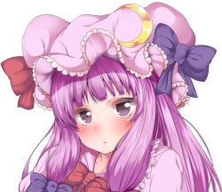 Rule 34 | 1girl, :/, blue bow, blunt bangs, blush, bow, bowtie, closed mouth, crescent, frills, hat, hat bow, long hair, looking at viewer, mob cap, patchouli knowledge, portrait, purple eyes, purple hair, red bow, red bowtie, sidelocks, solo, touhou, white background, wildcat (kusonemi)