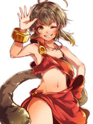 Rule 34 | 1girl, bare shoulders, breasts, brown eyes, brown hair, crown, detached sleeves, looking at viewer, mataichi mataro, monkey tail, monkey wrench (ole tower), navel, ole tower, one eye closed, short hair, simple background, small breasts, smile, solo, tail, white background, wink