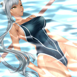 Rule 34 | 00s, 1girl, afloat, bodai, breasts, code geass, covered navel, dark skin, dark-skinned female, covered erect nipples, frown, large breasts, long hair, looking up, one-piece swimsuit, pool, sideboob, silver hair, single vertical stripe, skindentation, solo, swimsuit, taut clothes, thick thighs, thighs, villetta nu, water, wet, yellow eyes