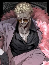 Rule 34 | 1boy, black shirt, blonde hair, blood, bloody tears, collarbone, donquixote doflamingo, earrings, eyelashes, feather boa, glint, grey eyes, grey jacket, grey pants, highres, jacket, jewelry, looking at viewer, looking over eyewear, male focus, one piece, pants, pectoral cleavage, pectorals, shirt, sitting, solo, zkc fes
