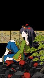 Rule 34 | 1girl, black background, black hair, blue pants, closed mouth, commentary, cross-laced clothes, from side, green shorts, hand on own knee, highres, horn ornament, horns, knee up, long hair, long sleeves, neruzou, nippaku zanmu, painting (object), pants, profile, red eyes, rock, shorts, sitting, skull, solo, tassel, touhou, tree, wide sleeves