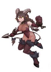Rule 34 | 1girl, 33dot, absurdres, blue ribbon, braid, breasts, brown hair, chain, cleavage, cuffs, elbow gloves, freckles, fur trim, gloves, goat horns, hair ribbon, highres, holding, holding polearm, holding spear, holding weapon, hooves, horizontal pupils, horns, korean commentary, krampus (33dot), leotard, monster girl, original, pointy ears, polearm, ribbon, see-through, shackles, sharp teeth, sleeveless, solo, spear, sweatdrop, tail, tail ornament, tail ribbon, teeth, weapon, white background, yellow eyes