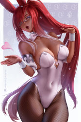 Rule 34 | 1girl, artist name, backlighting, bare shoulders, black pantyhose, blowing kiss, bow, bowtie, breasts, cleavage, collarbone, commentary, covered navel, cowboy shot, detached collar, final fantasy, final fantasy xiv, fishnet pantyhose, fishnets, freckles, glasses, gluteal fold, green eyes, heart, large breasts, leotard, lipstick, long hair, looking at viewer, makeup, mixed-language commentary, olchas, one eye closed, original, pantyhose, patreon username, playboy bunny, ponytail, red hair, red lips, solo, strapless, strapless leotard, swept bangs, thighs, very long hair, viera, warrior of light (ff14), wrist cuffs