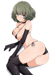 1girl :o absurdres ass bikini black_bikini black_choker black_gloves black_thighhighs blue_eyes blush bob_cut breasts choker elbow_gloves feet_out_of_frame gloves green_eyes green_hair highres idolmaster idolmaster_cinderella_girls looking_at_viewer lying medium_breasts micro_bikini mole mole_under_eye on_side seihekiog shadow short_hair side-tie_bikini_bottom simple_background solo swimsuit takagaki_kaede thighhighs white_background