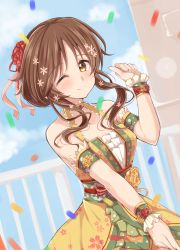 Rule 34 | 10s, 1girl, ;), arm cuffs, backless dress, backless outfit, bare shoulders, blue sky, blush, breasts, brown eyes, brown hair, closed mouth, cloud, collarbone, confetti, cowboy shot, day, dress, dutch angle, floral print, flower, frilled cuffs, hair flower, hair ornament, halter dress, halterneck, hand up, idolmaster, idolmaster cinderella girls, jiino, long hair, looking at viewer, medium breasts, one eye closed, outdoors, pink ribbon, railing, ribbon, sash, sidelocks, sky, sleeveless, sleeveless dress, smile, solo, takamori aiko, wrist cuffs, yellow dress