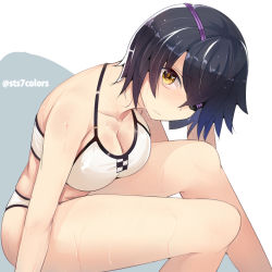 Rule 34 | 10s, 1girl, bikini, blush, breasts, cleavage, eyepatch, female focus, halterneck, kantai collection, large breasts, purple hair, short hair, simple background, solo, sts, swimsuit, tenryuu (kancolle), twitter username, wet, yellow eyes