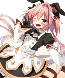 Rule 34 | 1boy, astolfo (fate), astolfo (saber) (fate), astolfo (saber) (third ascension) (fate), black bow, black bowtie, black ribbon, blush, bow, bowtie, dress, fang, fate/grand order, fate (series), hair between eyes, hair bow, hair intakes, hair ribbon, hand up, long hair, long sleeves, looking at viewer, male focus, marimo danshaku, multicolored hair, one eye closed, open mouth, pink hair, purple eyes, ribbon, simple background, smile, solo, streaked hair, trap, twintails, v, white background, white hair