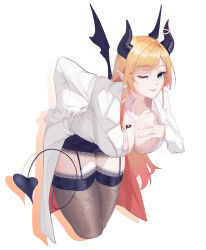 Rule 34 | 1girl, absurdres, bat tattoo, bent over, black horns, black pantyhose, black thighhighs, blonde hair, blue eyes, blush, breast tattoo, breasts, cleavage, cookook, demon girl, demon horns, demon tail, demon wings, frilled shirt, frills, highres, hololive, horn ornament, horn ring, horns, lab coat, lace, lace-trimmed skirt, lace-trimmed thighhighs, lace trim, large breasts, long hair, looking at viewer, multicolored hair, pantyhose, pink shirt, pointy ears, shirt, single sidelock, skirt, smile, solo, swept bangs, tail, tattoo, thighhighs, virtual youtuber, winged heart, wings, yuzuki choco, yuzuki choco (1st costume), zettai ryouiki