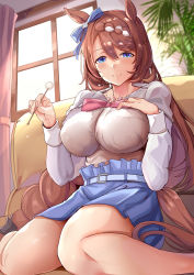 Rule 34 | 1girl, animal ears, blue bow, blue eyes, blue skirt, blush, bow, bowtie, braid, breasts, brown hair, closed mouth, feet out of frame, hair bow, hair ornament, hand on own chest, highres, himuro shunsuke, holding, horse ears, horse girl, horse tail, jewelry, kneeling, large breasts, long hair, long sleeves, looking at viewer, mimikaki, necklace, pink bow, pink bowtie, shirt, shirt tucked in, skirt, smile, solo, super creek (umamusume), tail, umamusume, white shirt, window